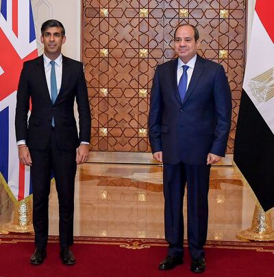 British Prime Minister Rishi Sunak and Egyptian President Abdel Fattah El Sisi during the summit in Cairo, Egypt, on October 20 which failed to issue a final communique. Reuters