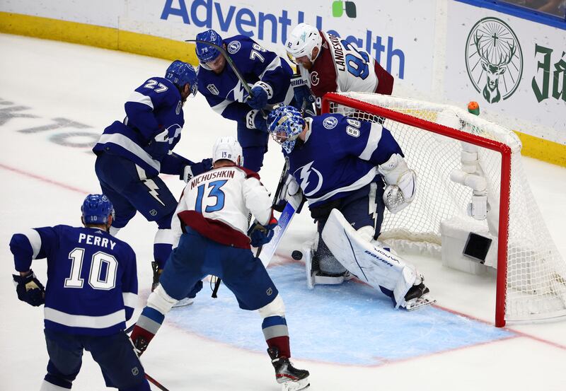 Tampa Bay Lightning goaltender Andrei Vasilevskiy (88) makes a save on Colorado Avalanche right wing Valeri Nichushkin (13). Reuters