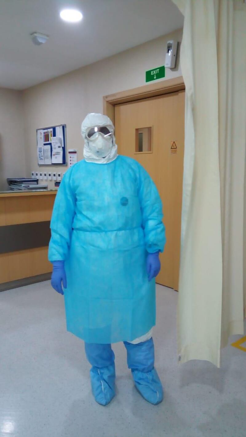 Nazeera Syed, nursing director at Medeor Hospital in Dubai, in protective gear before she enters the Covid-19 intensive care unit to monitor patient care. Courtesy: VPS Healthcare