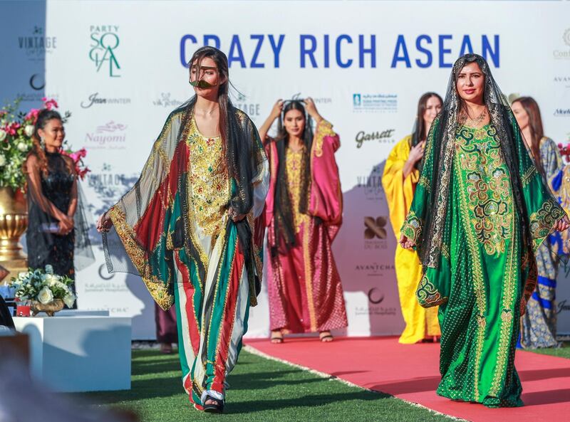 Abu Dhabi, U.A.E., January 31, 2019.  A look at Crazy Rich Asean, a fashion & jewellery show being held at the Singapore Residence in Abu Dhabi. --  Fashion by Emirati designer, Shamsa Al Mehairi.
 Victor Besa / The National
Section:  IF
Reporter:  Panna Munyal