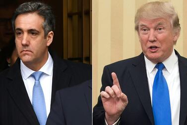 US President Donald Trump, right, speaking in the Oval House; disgraced former lawyer Michael Cohen, left. Timothy Clary and Nicholas Kamm / AFP