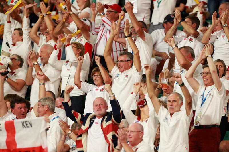 England fans celebrate during the Rugby World Cup 2019 Quarter Final match between England and Australia at Oita Stadium in Oita, Japan. Getty Images