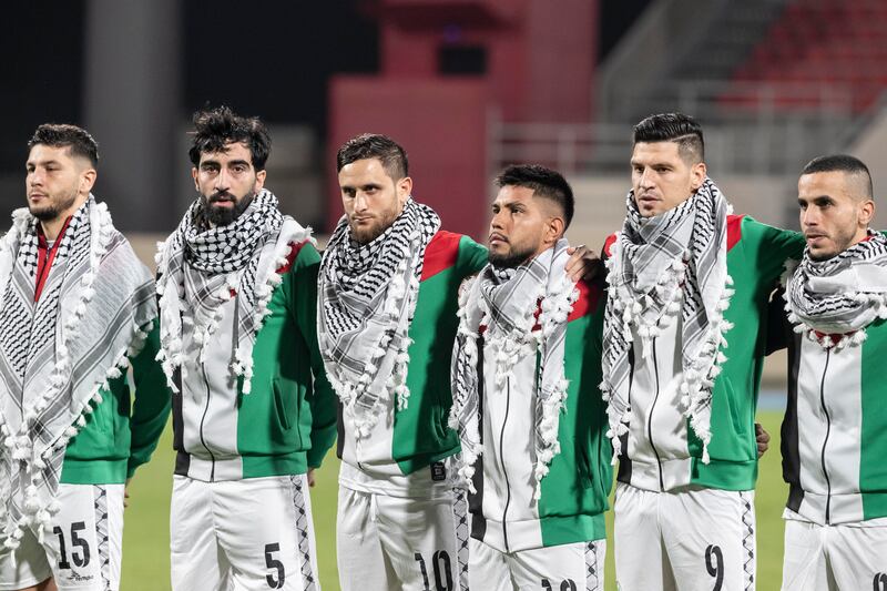 Palestine players before kick-off against Lebanon. Antonie Robertson/The National