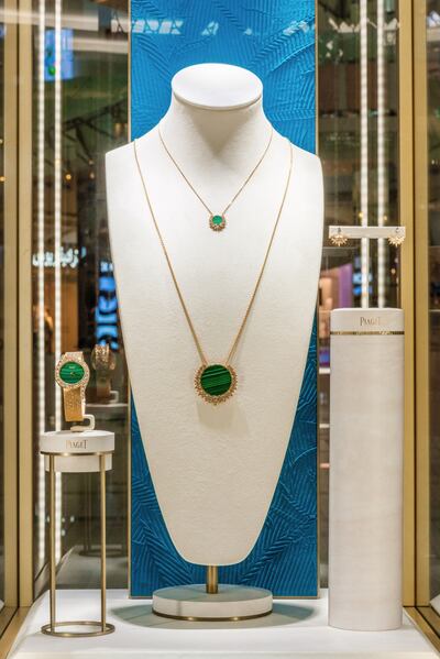 Necklaces in gold and malachite by Piaget. Photo: Piaget