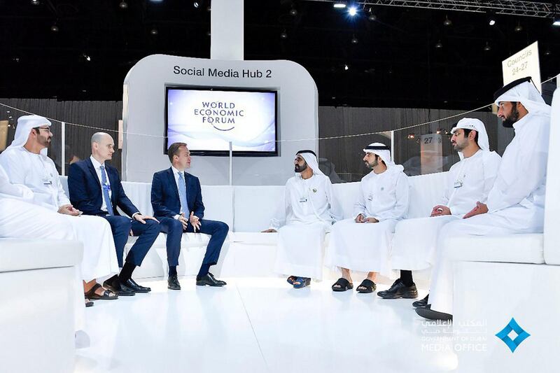 Sheikh Mohammed bin Rashid and delegates at the World Economic Forum, annual meeting of the Global Future Councils. Dubai Media Office