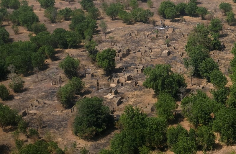 An aerial view of buildings standing on scorched ground that have been destroyed in the conflict with Boko Haram in the Bama region of Borno state, Nigeria November 23, 2017.  Picture taken November 23, 2017.  REUTERS/Paul Carsten