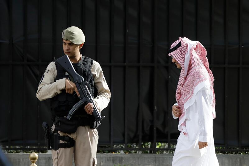 A border police officer guards the entrance to the Saudi Embassy in Buenos Aires, Argentina, Wednesday, Nov. 28, 2018. Saudi Crown Prince Mohammed bin Salman arrived to Argentina on Wednesday morning ahead of his participation in the upcoming G20 Leaders' summit. (AP Photo/Natacha Pisarenko)