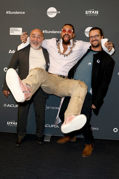 Sandor Mulsow, Jason Momoa and director Matthieu Rytz attend the 2023 Sundance Film Festival Deep Rising premiere. Getty Images via AFP
