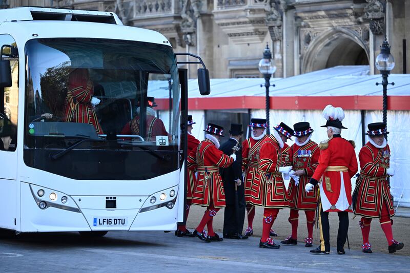 Yeomen of the Guard members arrive at the Houses of Parliament. AP