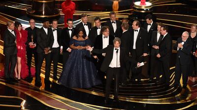 Producers of Best Picture nominee "Green Book" Peter Farrelly and Nick Vallelonga accepts the award for Best Picture with the whole crew on stage during the 91st Annual Academy Awards at the Dolby Theatre in Hollywood, California on February 24, 2019. / AFP / VALERIE MACON
