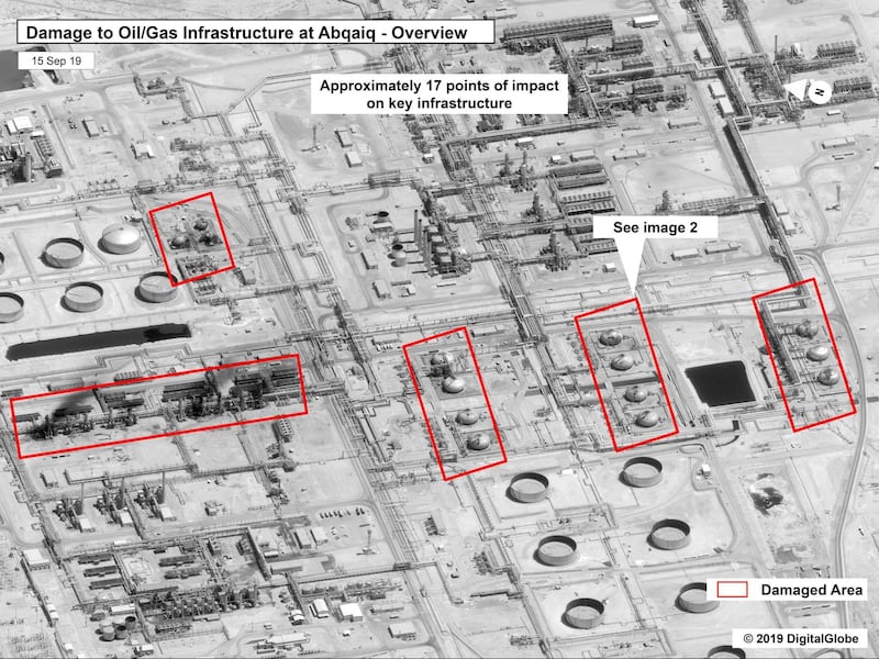 This image provided by the U.S. government and DigitalGlobe and annotated by the source, shows damage to the infrastructure at Saudi Aramco's Abaqaiq oil processing facility in Buqyaq, Saudi Arabia. The drone attack Saturday on Saudi Arabia's Abqaiq plant and its Khurais oil field led to the interruption of an estimated 5.7 million barrels of the kingdom's crude oil production per day, equivalent to more than 5% of the world's daily supply. AP