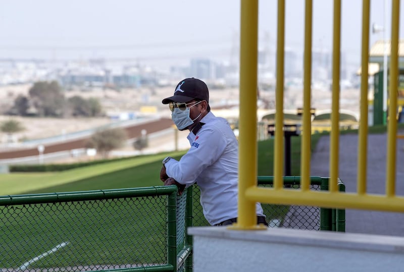Dubai, United Arab Emirates - Reporter: Amith Passela: Security wear face masks on race day at Jebel Ali. Friday, March 20th, 2020. Jebel Ali Racecourse, Dubai. Chris Whiteoak / The National