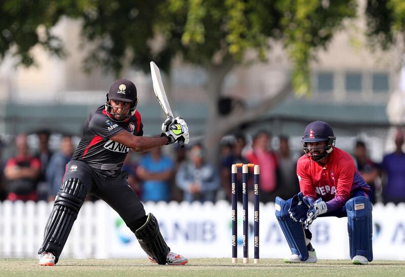 Dubai, United Arab Emirates - January 25, 2019: Ghulam Shabber of the UAE bats in the the match between the UAE and Nepal in a one day internationl. Friday, January 25th, 2019 at ICC, Dubai. Chris Whiteoak/The National