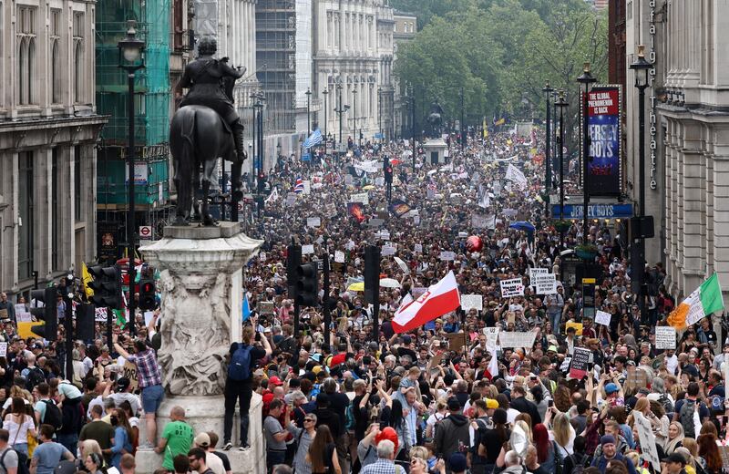 Demonstrators participate in an anti-lockdown and anti-vaccine protest in London. Reuters