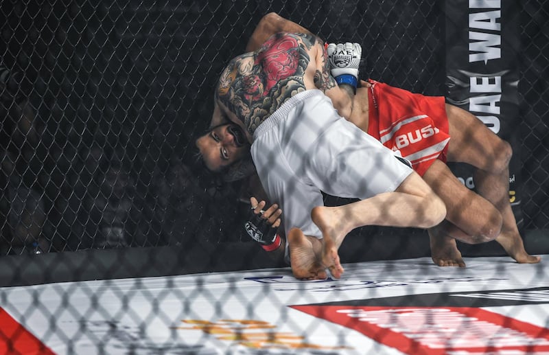 Abu Dhabi, United Arab Emirates - Ahmed Labban, from Lebanon fights against Juho Valamaa, from Finland in the welter weight for UAE Warriors Fighting Championship at Mubadala Arena, Zayed Sports City. Khushnum Bhandari for The National