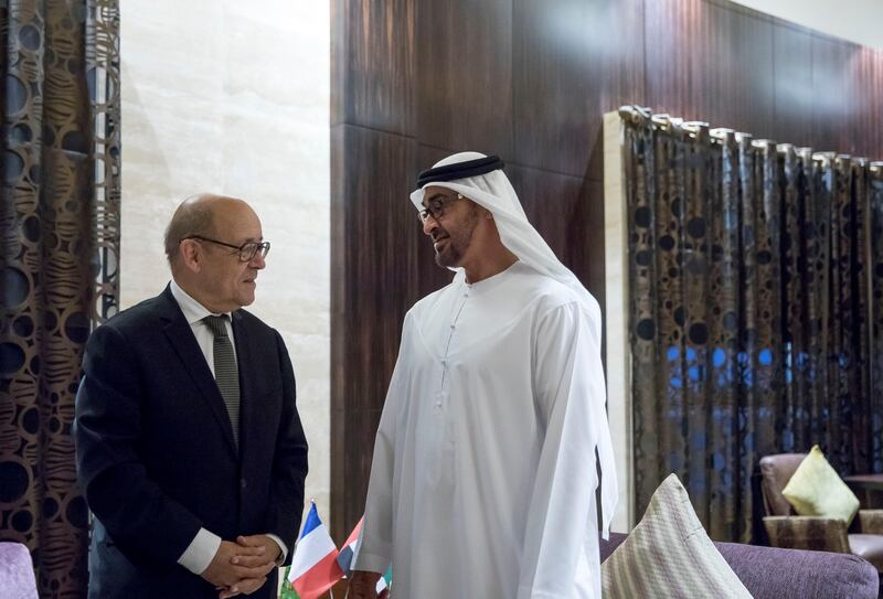 ABU DHABI, UNITED ARAB EMIRATES - July 16, 2017: HH Sheikh Mohamed bin Zayed Al Nahyan Crown Prince of Abu Dhabi Deputy Supreme Commander of the UAE Armed Forces (R) meets with HE Jean-Yves Le Drian, Minister of Foreign Affairs of France (L) at Al Shati Palace.

( Mohamed Al Hammadi / Crown Prince Court - Abu Dhabi )
---