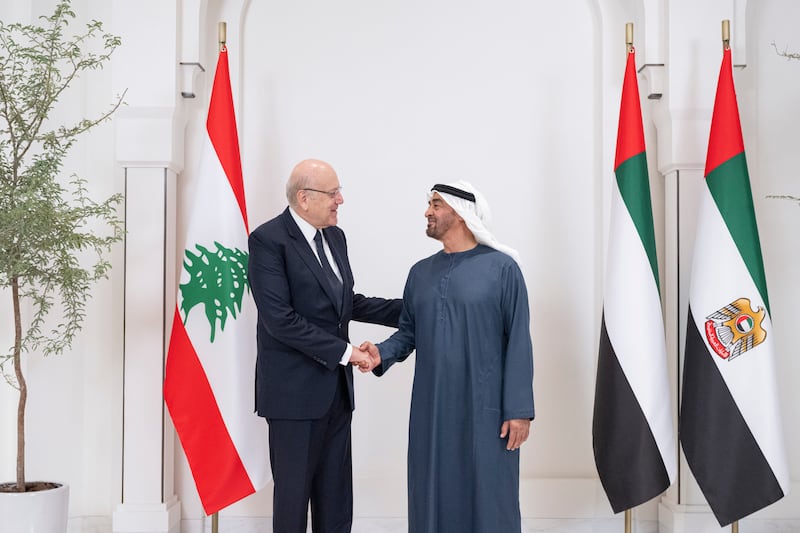 President Sheikh Mohamed received Lebanese Prime Minister Nijab Mikati in Abu Dhabi on Thursday. Photo: UAE Presidential Court