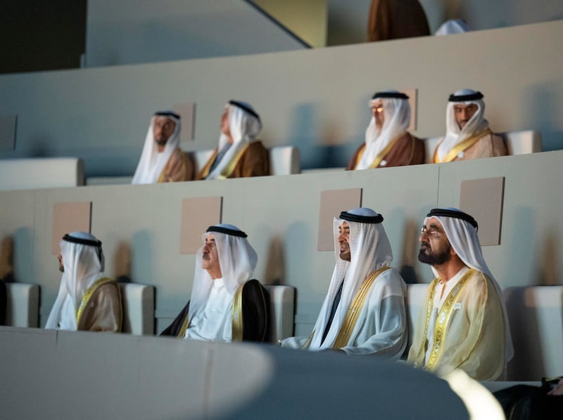 From right, bottom row, Sheikh Mohammed bin Rashid, Vice President and Ruler of Dubai, Sheikh Mohamed bin Zayed, Crown Prince of Abu Dhabi and Deputy Supreme Commander of the UAE Armed Forces, and Sheikh Saud bin Rashid Al Mualla, Ruler of Umm Al Quwain.