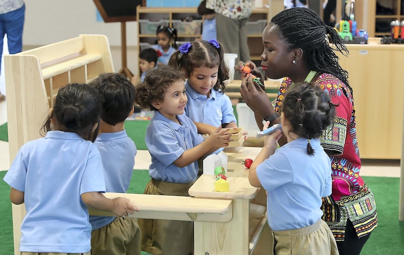 DUBAI ,  UNITED ARAB EMIRATES , SEPTEMBER 5 – 2019 :- Students of FS 1 and FS 2 playing in the indoor play area at the Aquila school in Dubailand in Dubai. ( Pawan Singh / The National ) For News. Story by Anam