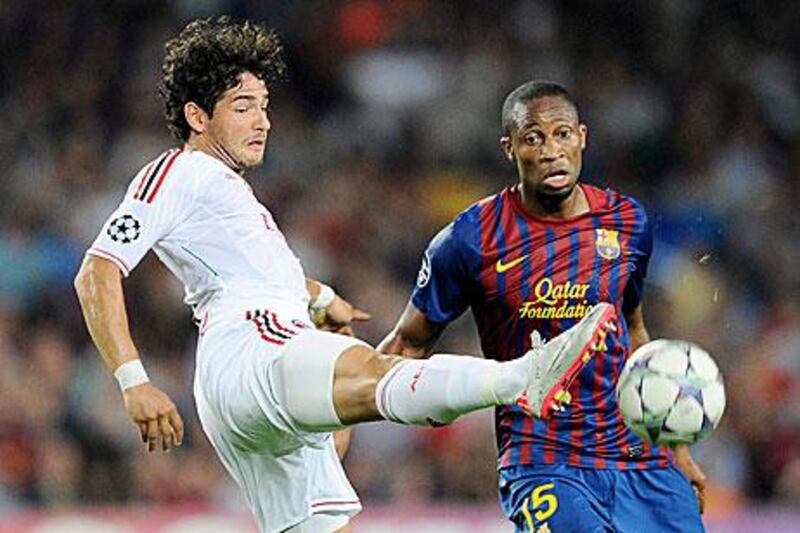 Alexandre Pato, left, scored after just 24 seconds to put Milan 1-0 up against Barcelona, but it took a second-minute stoppage-time goal from Thiago Silva to earn them a 2-2 draw at Camp Nou.