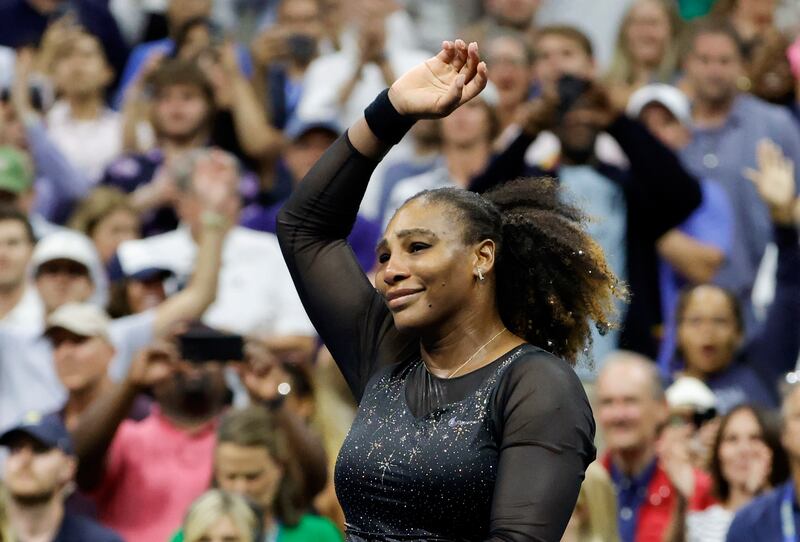 Serena Williams waves to the crowd after losing to Australia's Ajla Tomljanovic in the third round of the US Open at Flushing Meadows on Friday night, September 2, 2022. EPA