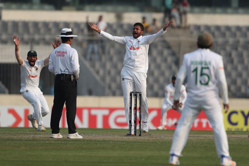 Bangladesh's captain Shakib Al Hasan appeals for a wicket. AP