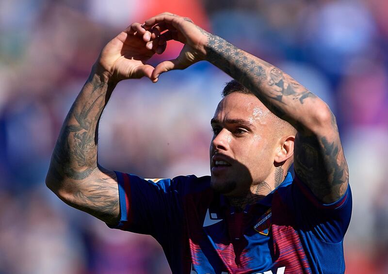 VALENCIA, SPAIN - MARCH 08: Roger Marti Salvador of Levante celebrates after scoring a goal during the Liga match between Levante UD and Granada CF at Ciutat de Valencia on March 8, 2020 in Valencia, Spain. (Photo by Pablo Morano/MB Media/Getty Images)