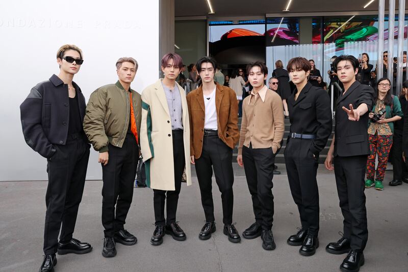 K-pop stars Enhypen at the Prada fashion show. Getty Images