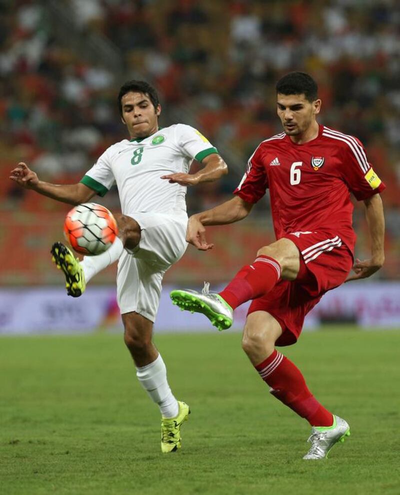 Mohanad Salem, right, has said the UAE will fight to the very end of their 2018 World Cup qualifying campaign . Fayez Nureldine / AFP