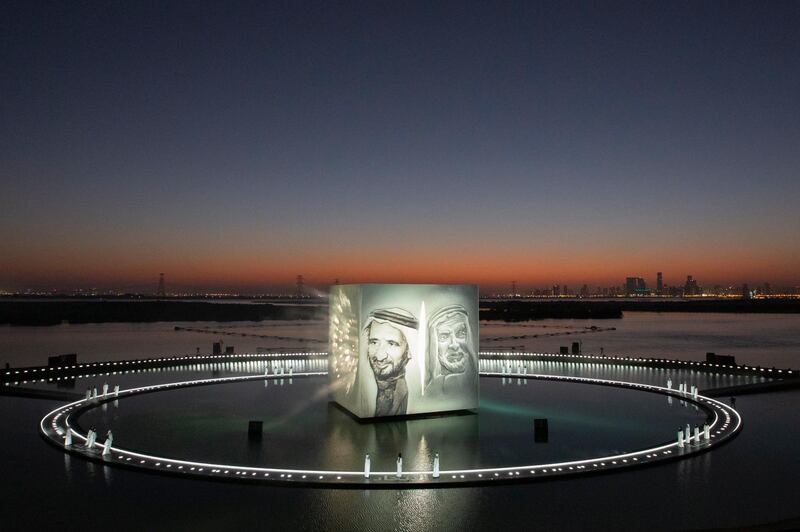 Images of UAE Founding Father Sheikh Zayed and Sheikh Rashid, former Dubai Ruler, are shown during the 'Seeds of the Union' National Day show at Jubail Mangrove Park. Courtesy: Sheikh Mohamed bin Zayed Twitter