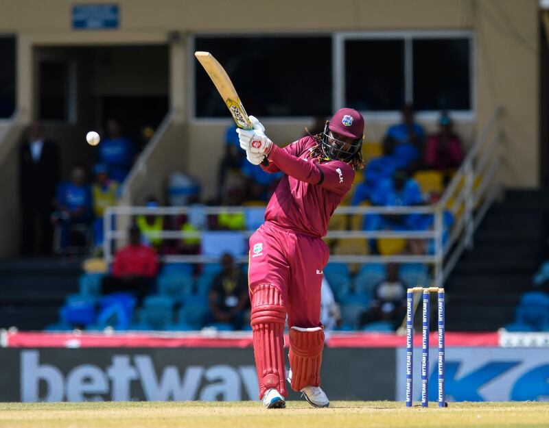 Chris Gayle of West Indies hits 6 during the 3rd ODI match between West Indies and India at Queens Park Oval, Port of Spain, Trinidad and Tobago, on August 14, 2019. (Photo by Randy Brooks / AFP)