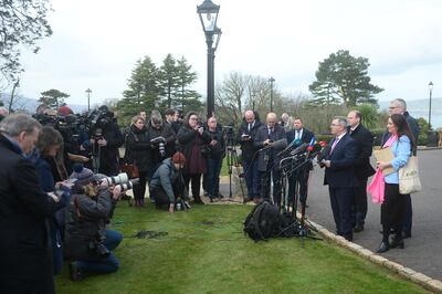 Democratic Unionist Party (DUP) leader Jeffrey Donaldson speaks to the media after his party's meeting with British prime minister Sunak in Belfast last week. Photo: EPA