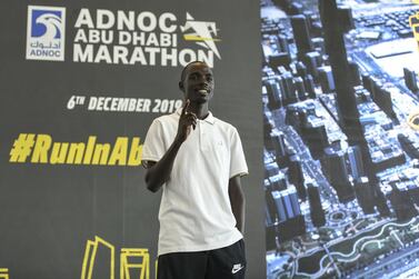 Last year's ADNOC Abu Dhabi Marathon winner Marius Kipseremat at the 2019 launch. Khushnum Bhandari for The National