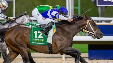 Jockey Junior Alvarado, aboard Senor Buscador, wins the Saudi Cup at King Abdulaziz Racecourse on February 24, 2024 in Riyadh, Saudi Arabia. Getty