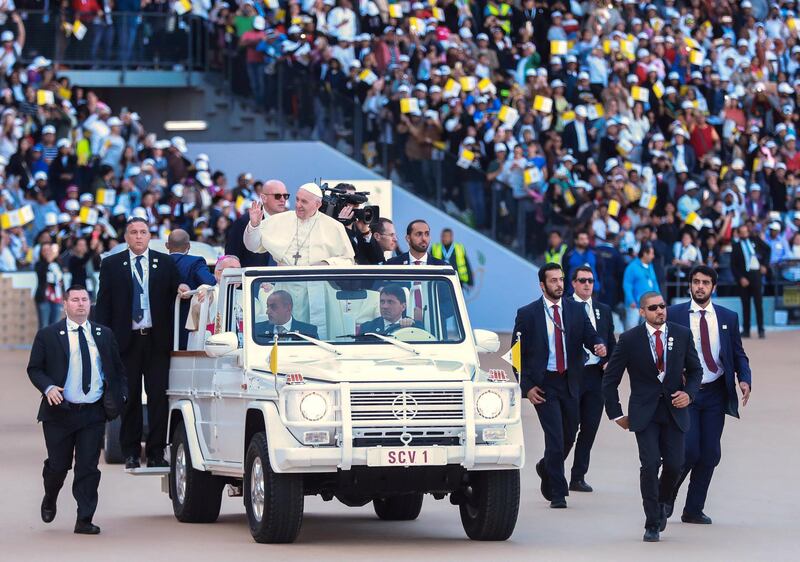 Abu Dhabi, U.A.E., February 5, 2019.   His Holiness Pope Francis, Head of the Catholic Church arrives at the Zayed Sports City.
Victor Besa/The National
Section:  NA
Reporter: