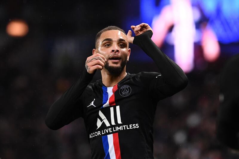 Paris Saint-Germain's French defender Layvin Kurzawa celebrates after scoring. AFP