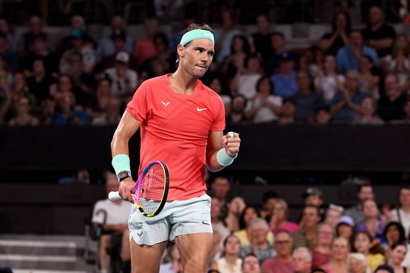 Spain's Rafael Nadal reacts during his men's singles match against Jason Kubler of Australia at the Brisbane International tennis tournament in Brisbane on January 4, 2024.  (Photo by William WEST  /  AFP)  /  --IMAGE RESTRICTED TO EDITORIAL USE - STRICTLY NO COMMERCIAL USE--