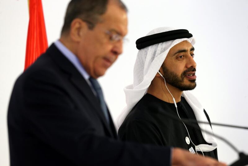 epa07417798 United Arab Emirates Minister of Foreign Affairs and International Co-operation Sheikh Abdullah bin Zayed bin Sultan Al Nahyan (R) speaks during a press conference with Russian Foreign Minister Sergey Lavrov (L) at the UAE Ministry of Foreign Affairs in Abu Dhabi, United Arab Emirates, 06 March 2019. Lavrov is on a five-day regional tour that also took him to Qatar, Saudi Arabia and Kuwait for talks on the situation in Yemen, Syria, as well as the Israeli-Palestinian conflict.  EPA/ALI HAIDER