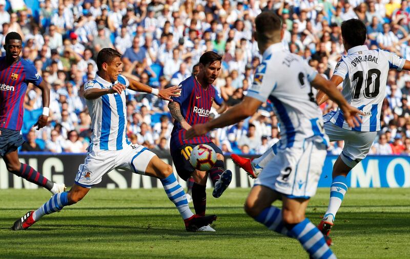 Barcelona's Lionel Messi shoots at goal. Reuters