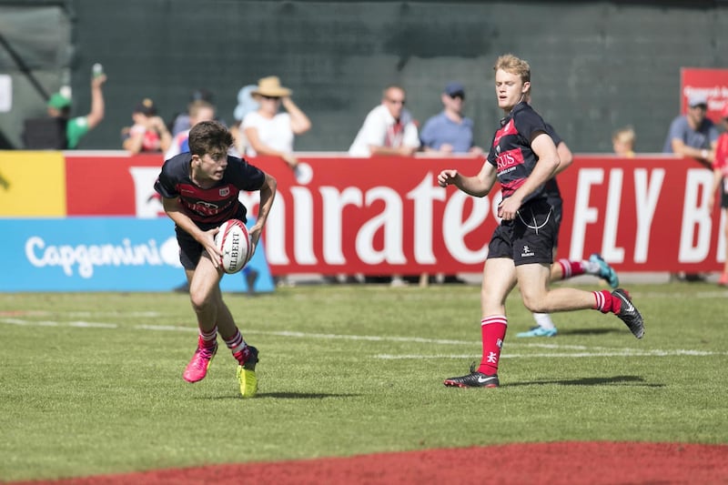 DUBAI, UNITED ARAB EMIRATES - DECEMBER 1, 2018. 

DUBAI COLLEGE A, wins against DUBAI COLLEGE B, in GULF UNDER 19 category on the final day of this year's Dubai Rugby Sevens.

(Photo by Reem Mohammed/The National)

Reporter: 
Section:  NA  SP
