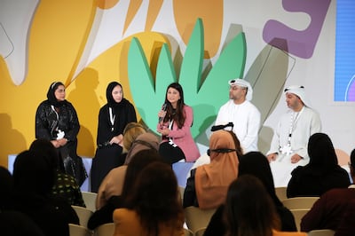 From left, Rasna Al Khamis, director of marketing and engagement at Emirates Nature - WWF; Nour Al Maskari of Masdar; Manal Awad of HSBC; Mohamed Al Mansoori of Etihad Airways; and Ahmed Lari of Abu Dhabi Motorsports Management at the launch event at Yas Conference Centre at Yas Marina Circuit. These companies won the label last year. Pawan Singh / The National