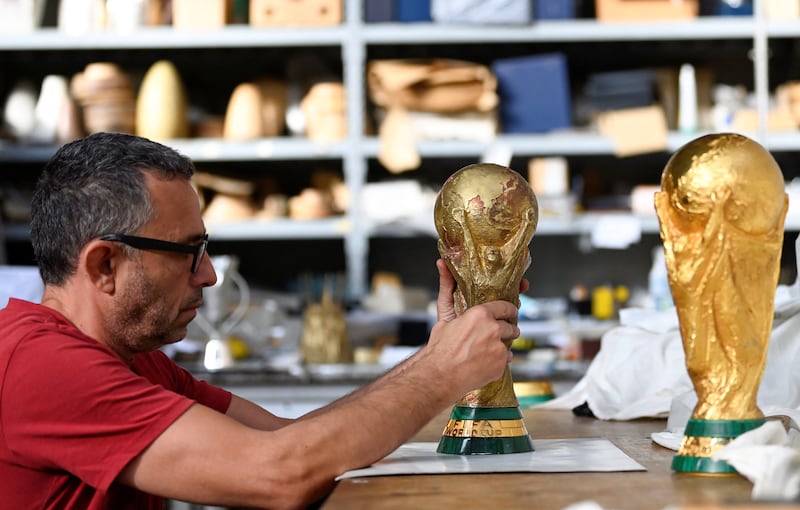 Brass replicas of the Fifa World Cup made by GDE Bertoni in Paderno Dugnano, near Milan. Reuters