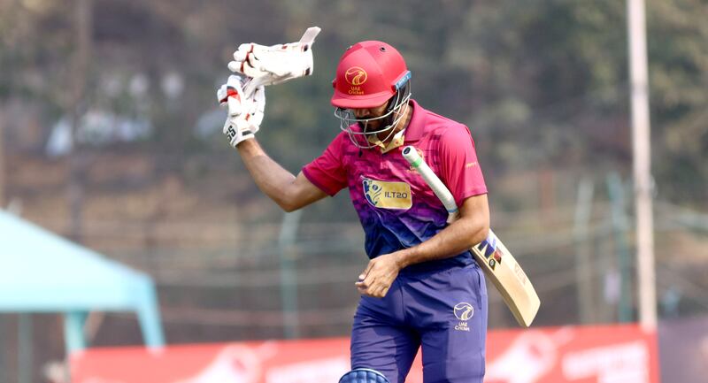 UAE's CP Rizwan after getting run-out against Papua New Guinea in their Cricket World Cup League 2 match in Kathmandu, Nepal, on Friday, March 10, 2023. Subas Humagain for The National