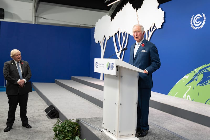 Prince Charles and British prime minister at the time Boris Johnson host a Commonwealth leaders' reception at Cop26 in Glasgow in 2021