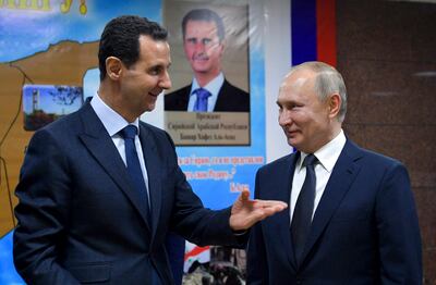 Syrian President Bashar Assad, left, and Russian President Vladimir Putin during their meeting in Damascus, in January. AP