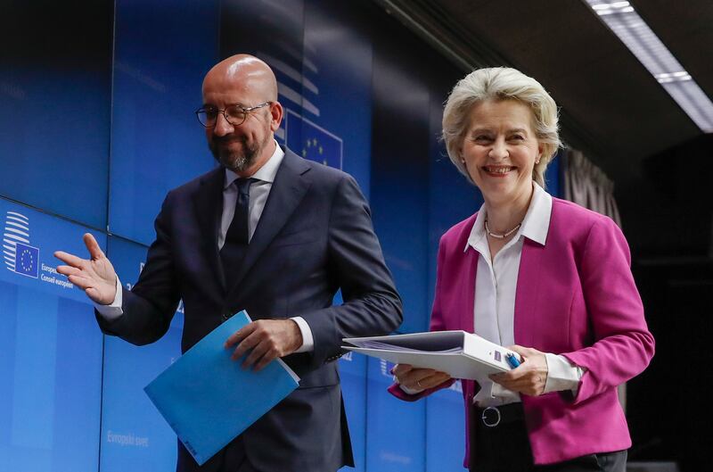 Charles Michel and Ursula von der Leyen converse at the end of first day of the Special European Summit. EPA