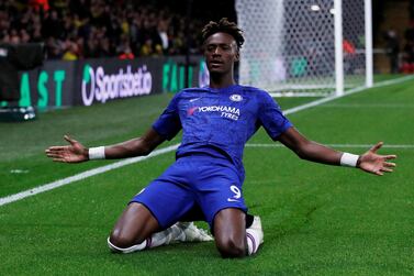 Soccer Football - Premier League - Watford v Chelsea - Vicarage Road, Watford, Britain - November 2, 2019 Chelsea's Tammy Abraham celebrates scoring their first goal Action Images via Reuters/Andrew Boyers EDITORIAL USE ONLY. No use with unauthorized audio, video, data, fixture lists, club/league logos or "live" services. Online in-match use limited to 75 images, no video emulation. No use in betting, games or single club/league/player publications. Please contact your account representative for further details.