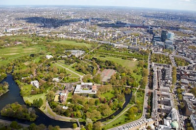 Aerial photography view north-east of Regents Park. Camden. London W1 NW1 UK.