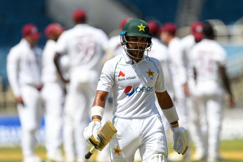 Imran Butt of Pakistan walks off the field dismissed by Jayden Seales. AFP