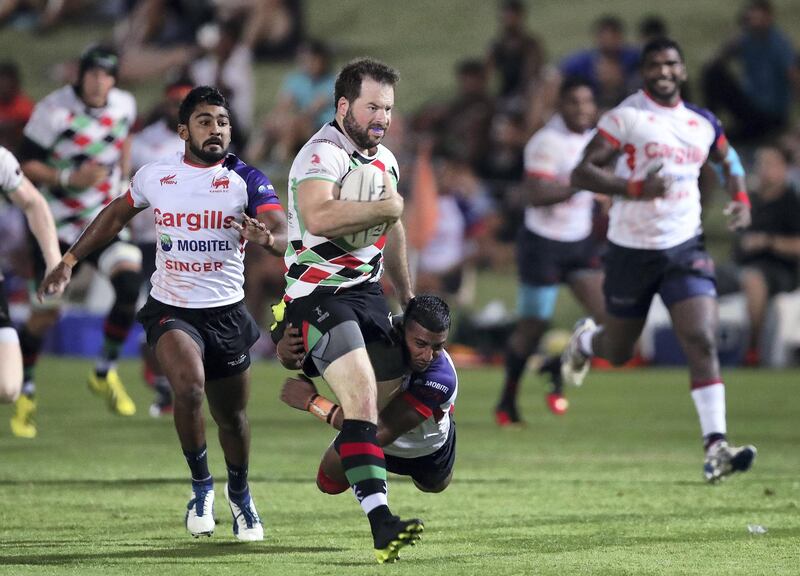 Abu Dhabi, United Arab Emirates - September 07, 2018: Quins' Tom Southall competes in the game between Abu Dhabi Harlequins v Kandy in the Western Clubs Champions League. Friday, September 7th, 2018 at Zayed Sports City, Abu Dhabi. Chris Whiteoak / The National